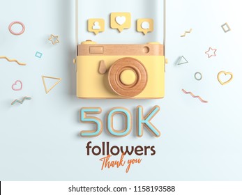 50k Or 50000 Followers Thank You, Yellow Retro Photo Camera And 