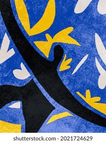 50s simple illustration with people figure dancing background in blue. white flower and pattern in yellow. Black nude figure Matisse movement cut-outs. bright color and Peaceful and happiness emotion