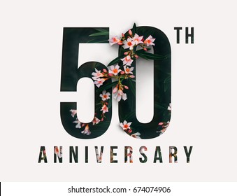 50th Anniversary Celebrate Illustration Design By Real Flowers With Precious Paper Cut . For Your Unique Anniversary Background, Invitation, Card, Birthday, Celebration Party Of The Years Anniversary