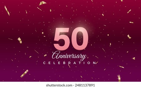 50th Anniversary celebration, 50 Anniversary celebration,Dark purple background, festive illustration, Realistic 3d sign, stars, Pink number with red ribbon 50 sparkling confetti, 50,51 - Powered by Shutterstock