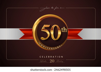 50th Anniversary Logo With Golden Ring And Red Ribbon Isolated on Elegant Background, Birthday Invitation Design And Greeting Card - Powered by Shutterstock