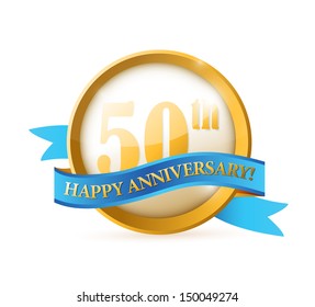 50th Anniversary Seal And Ribbon Illustration Design Over White