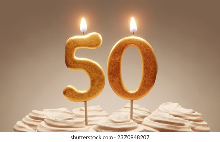 50th birthday or anniversary celebration. Lit golden number candles on cake with icing in neutral tones. 3D rendering - Powered by Shutterstock