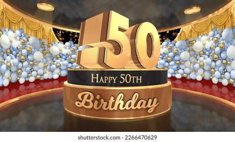 50th Birthday backdrop, poster, flyer 3d render illustration in gold with balloons and fireworks background - Powered by Shutterstock