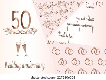 50th wedding anniversary invitation. Golden abstract decorative background. Rose gold metal. Decorative patterns with flowers. illustration. Wedding engagement rings. Save the date - Powered by Shutterstock