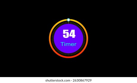 54 seconds digital clock countdown timer illustration. 3d countdown timer illustration, inside a 3d yellow and red circle on black background emergency timer countdown illustration.