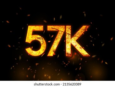 57k followers social media thanks banner. 3D Rendering with lava fire text. Thanks, followers, blogger celebrates subscribers, likes