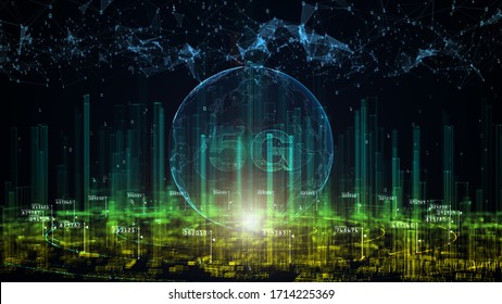 5G In Digital City. Technology Network Data Connection. Digital Network And Cyber Security. 5G Connectivity Of Digital Data And Conceptual Futuristic Background