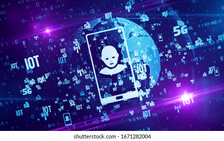 5G mobile communications, iot, data transmission, digital wireless network symbols on digital globe 3d illustration. Abstract concept background of future technology, business globalization.