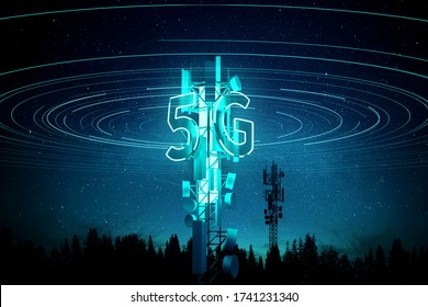 5G mobile signal Communication Mast (cell tower) Super fast data streaming concept. 3D illustration.
