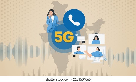 5G Mobile Technology In India Spectrum Auction Illustration. 5G Is Successfully Tested And Will Be Implemented In India Enabling Faster And Better Connectivity For Mobile Communication. 