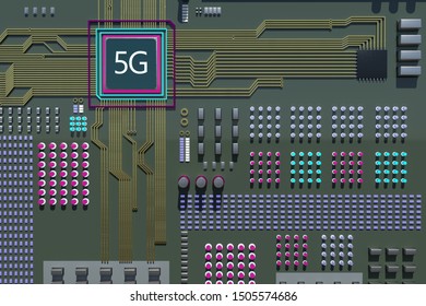 5G next generation cellular network technology circuit board 3D rendered in military olive grade color
