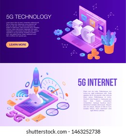 5G technology banner set. Isometric set of 5G technology banner for web design