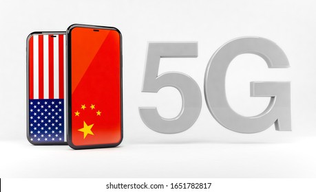 5G Technology Between The United States And China. High Speed Data Technology, 3D; 3D Illustration