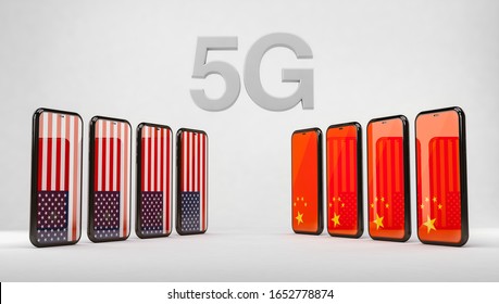 5G Technology Between The United States And China. High Speed Data Technology, 3D; 3D Illustration