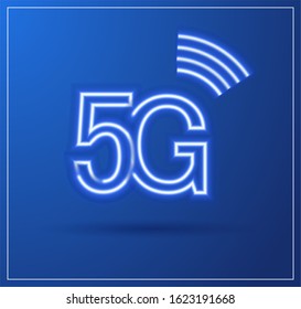 5G Technology Icon With Neon Light Trail.