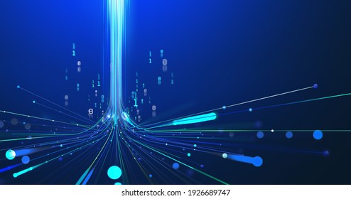 5G technology wireless data transmission, high-speed internet. Information flow in abstract cyberspace. 3d illustration of big data digital funnel