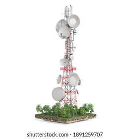 5g Tower At The Island Among Trees On A White Background 3d Illustration