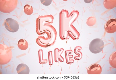 5k or 5000 likes, followers thank you with Rose Gold balloons and colorful confetti. For Social Network friends, followers, Web user Thank you celebrate of subscribers or followers, likes.