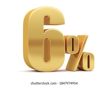 6% discount on sale. Golden six percent isolated on white background. 3d rendering. Illustration for advertising.