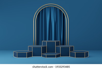 6 Empty blue cylinder podium with gold border on blue arch and curtain background. Abstract minimal studio 3d geometric shape object. Mockup space for display of product design. 3d rendering.
