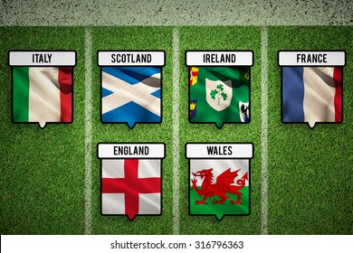 6 Nations Teams Flags Against Pitch With Lines