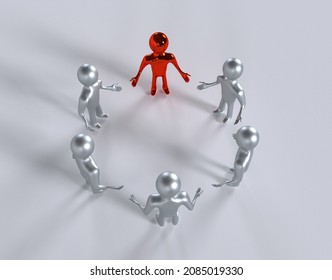 6 People Team Concept. Red Leader And Five Silver Persons. Energy Circle. Leadership Concept. 3D Illustration