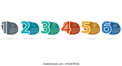 6 steps infographic elements with numbers and abstract shapes, fluid geometric elements. Timeline info graphic with business icons. Flow chart, layout, business workflow template.