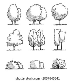 6 Trees 3 Bush Flat Grayscale Stock Illustration 2057845841