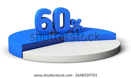 60% blue and white pie chart isolated on white background. 3d illustration.	