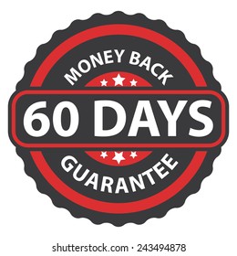 60 days money back guarantee on red vintage, retro sticker, badge, icon, stamp isolated on white 