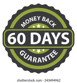 60 days money back guarantee on green vintage, retro sticker, badge, icon, stamp isolated on white 