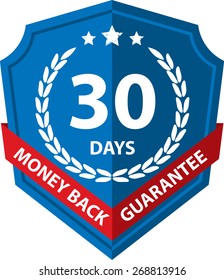 60 Days Money Back Guaranteed Label And Sticker With Blue Badge Sign, Isolated on White Background.