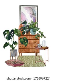 60-s Interior Bohemian  Background With Mid Century Modern Dresser,Interior Decor Scene.Cozy Room With Tropical Houseplant,rug,pillow.Watercolor Illustration.Housewarming Print.Stay At Home