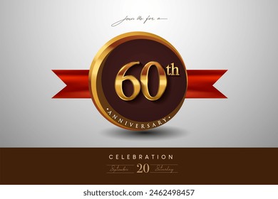 60th Anniversary Logo With Golden Ring And Red Ribbon Isolated on Elegant Background, Birthday Invitation Design And Greeting Card - Powered by Shutterstock