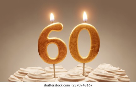 60th birthday or anniversary celebration. Lit golden number candles on cake with icing in neutral tones. 3D rendering - Powered by Shutterstock