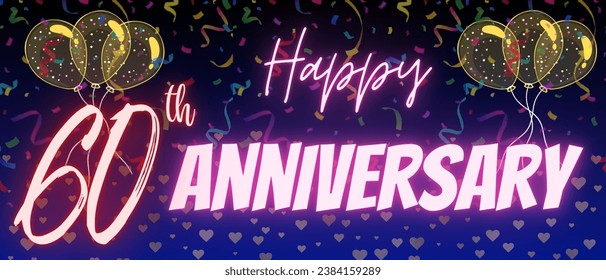 60th or sixty ninth anniversary template. Shiny neon calligraphy text and number with Confetti, balloons and sparkle on elegant blue gradient background. Use for design, greeting card and invitation - Powered by Shutterstock