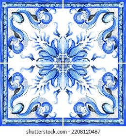 60x60 Cm 300dpi.  Hand Drawn Watercolour Illustration In Italian Majolica Style With Blue Flowers And Decorative Elements. Perfect For Fabric, Textile, Tiles And Other.