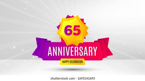 65 Years Anniversary. Birthday Celebration Party Badge. Sixty Five Years Celebrating Icon. Anniversary Event Template Banner. Happy Celebration Badge.