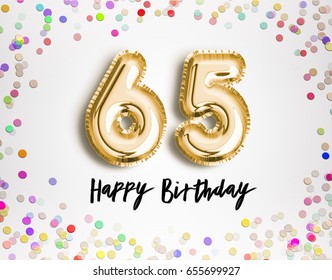 65th Birthday celebration with gold balloons and colorful confetti glitters. 3d Illustration design for your greeting card, birthday invitation and Celebration party of sixty five years anniversary