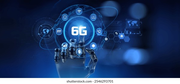 6G Future Connectivity Solutions Illustrated with a Robot Hand Pressing a Button on a Virtual Screen. 3D render.