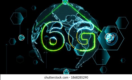 6G Network Super Speed Internet Digital World Map In Monitor Digital Meter Cycle Radar 3D Electronic Meter Inside Sent Data By The Quantum Satellite