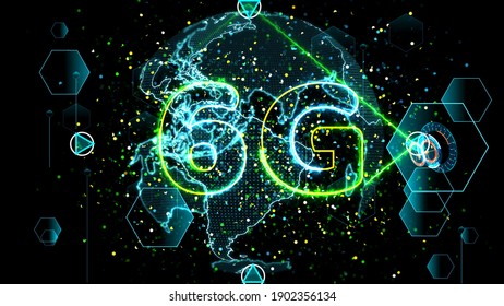 6G Network Super Speed Internet Digital World Map In Monitor Digital Meter Cycle Radar 3D Electronic Meter Inside Sent Data By Quantum Satellite Send Signal Star Brust Background