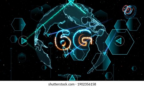 6G Network Super Speed Internet Digital World Map In Monitor Digital Meter Cycle Radar 3D Electronic Meter Inside Sent Data By Quantum Satellite Send Signal And Star Brust Background