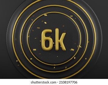 6k followers celebration. Social media achievement poster. 6K golden sign and glossy balloons for network, social media friends and subscribers. 3d render illustration.