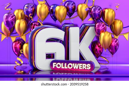 6k followers celebration, thank you social media banner with purple and gold balloon 3d rendering