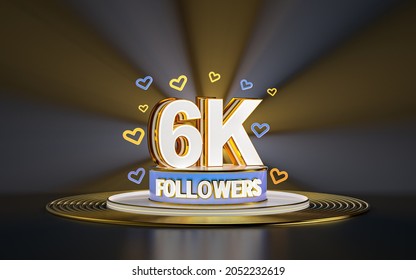 6k followers celebration, thank you social media banner with spotlight gold background 3d render
