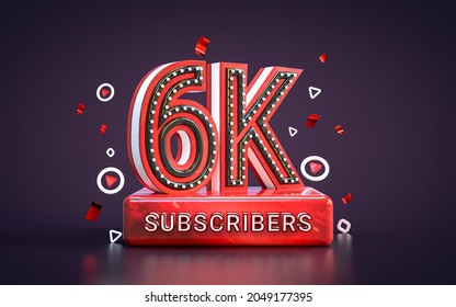 6k subscribers celebration. Six thousand followers social media congratulation card 3d render