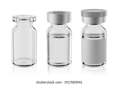 6R vaccine clear glass injection vials set isolated on white background. 3d rendering mockup.
