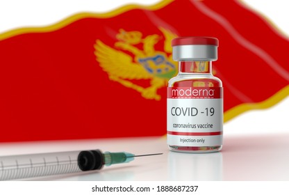 7 January 2021, Montenegro: COVID 19 Moderna Vaccine Against Corona Virus SARS CoV 2, 2020 2021 NCoV  Approved And Delivered In Montenegro.3D Illustration